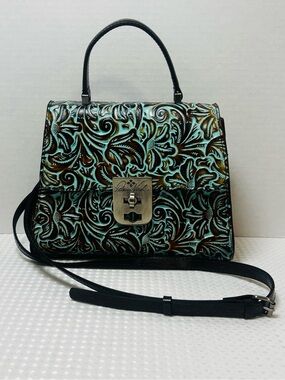 Patricia Nash Chauny Tooled Leather Top Handle Satchel Turquoise Brown P593133